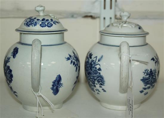 Two Worcester blue and white globular teapots and covers, c.1775-80, height 5.5in.